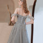 Gray tulle beads long prom dress A line evening dress  10425