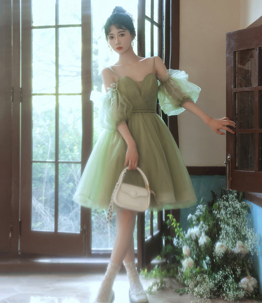 Green tulle short prom dress cocktail dress  8983
