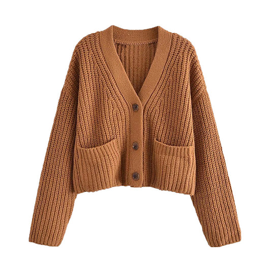 Versatile V-neck pocket sweater sweater sweater jacket  7758
