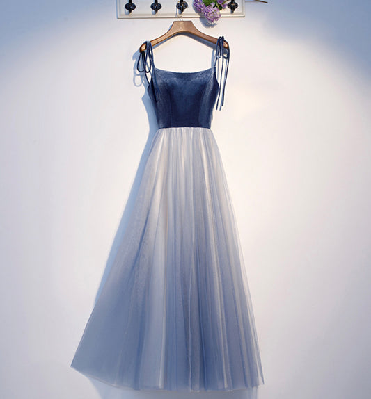 Blue velvet tulle long prom dress blue evening dress  8585
