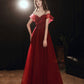 Burgundy tulle beads long prom dress A line evening gown  10481