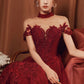 Burgundy tulle beads long A line prom dress evening dress  8761