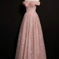 Pink tulle long A line prom dress pink evening dress  8695