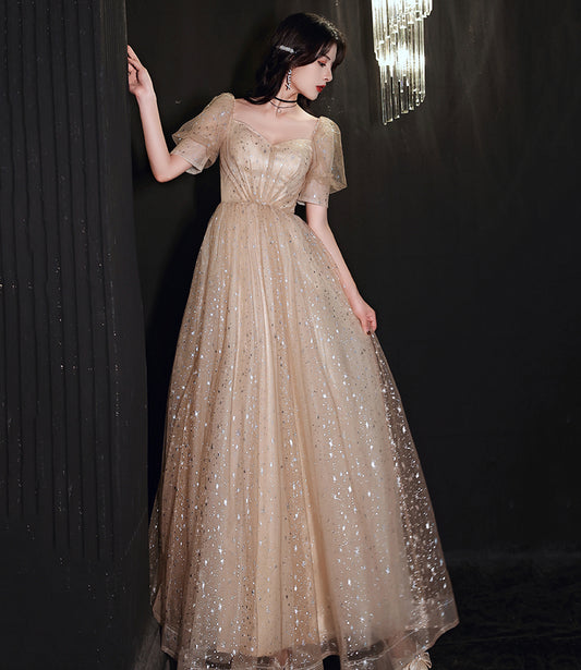 Champagne tulle long A line prom dress evening dress  8853