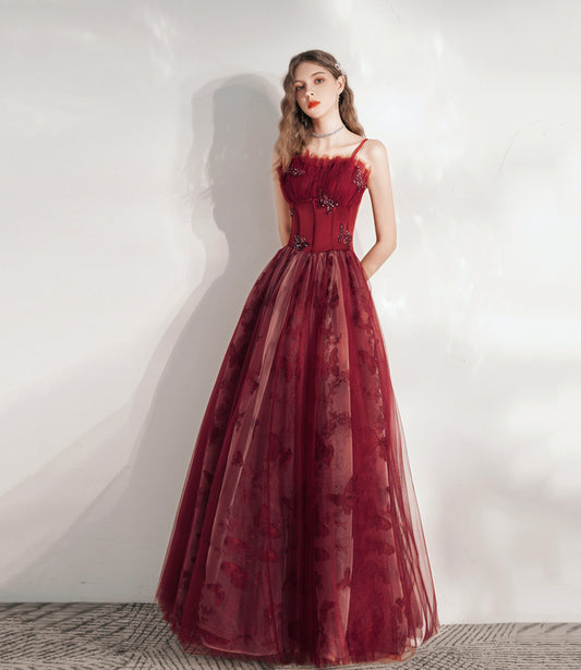 Burgundy tulle long A line prm dress evening dress  8799