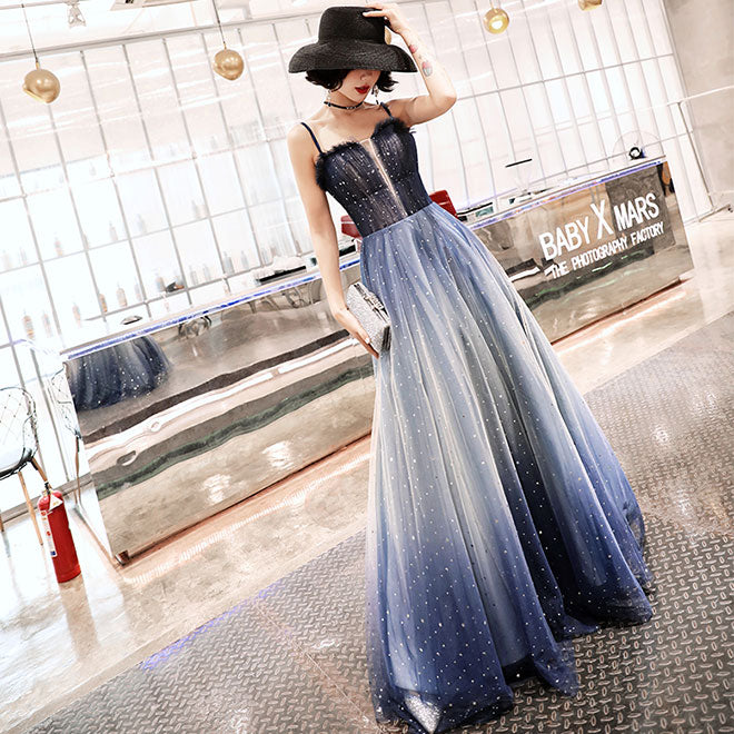Dark blue tulle long prom dress, evening dress  7983