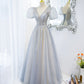 Gray tulle beads long prom dress A line evening gown  10488