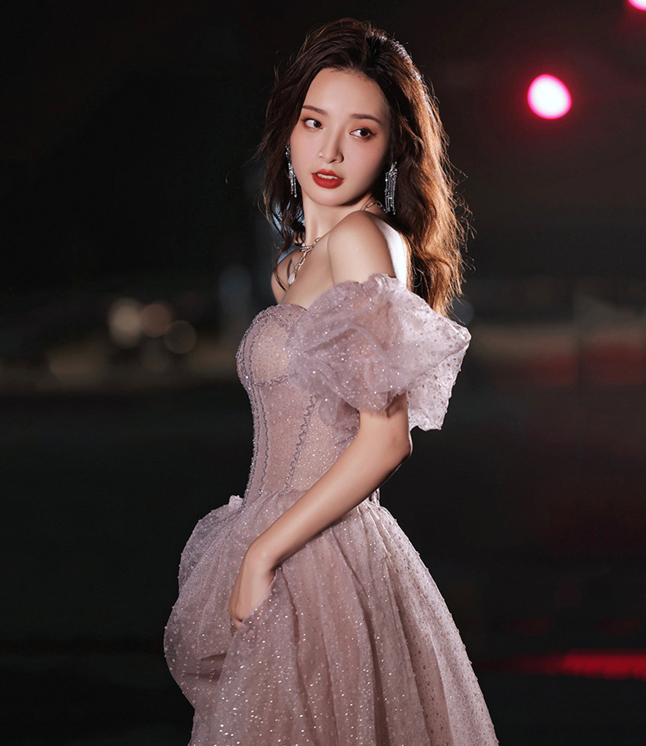 Pink tulle long prom dress pink evening dress  10218