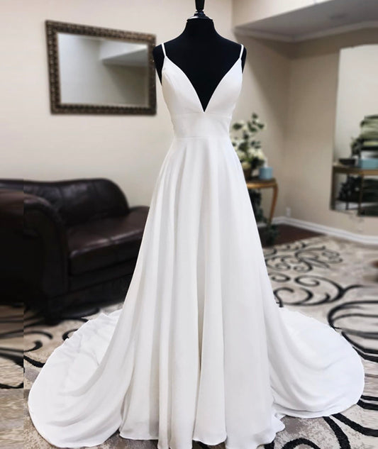 White chiffon lace long prom dress A line evening dress  8454