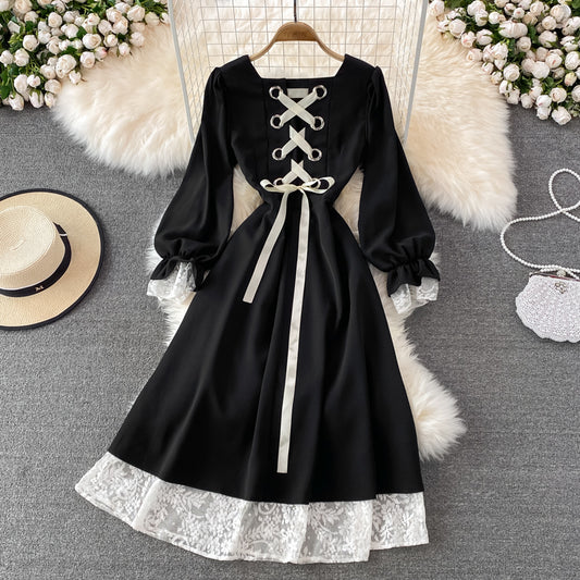 Black A Line Lace Short Dress Lace-Up Fashion Dress  10863