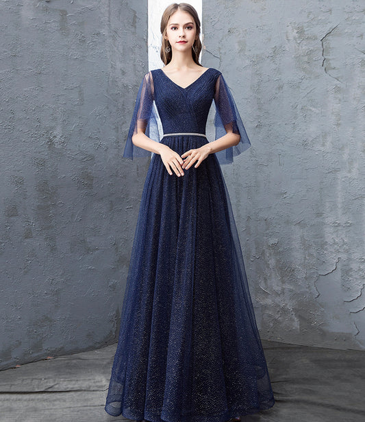 Blue tulle long prom dress A line evening dress  10377