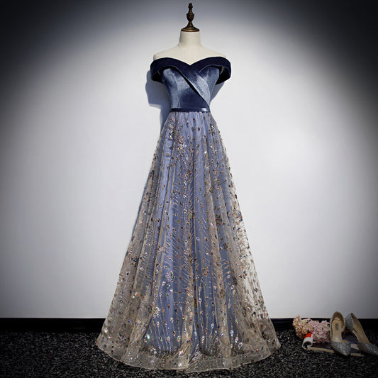 Blue velvet tulle long prom dress blue evening dress  8465