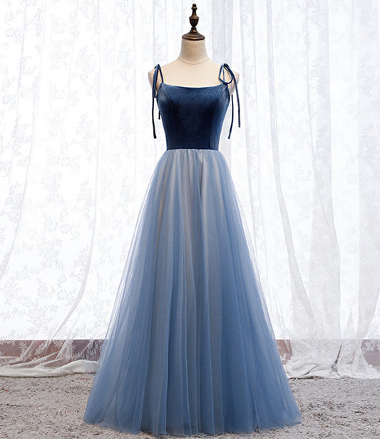 Blue velvet tulle long prom dress blue evening dress  8637