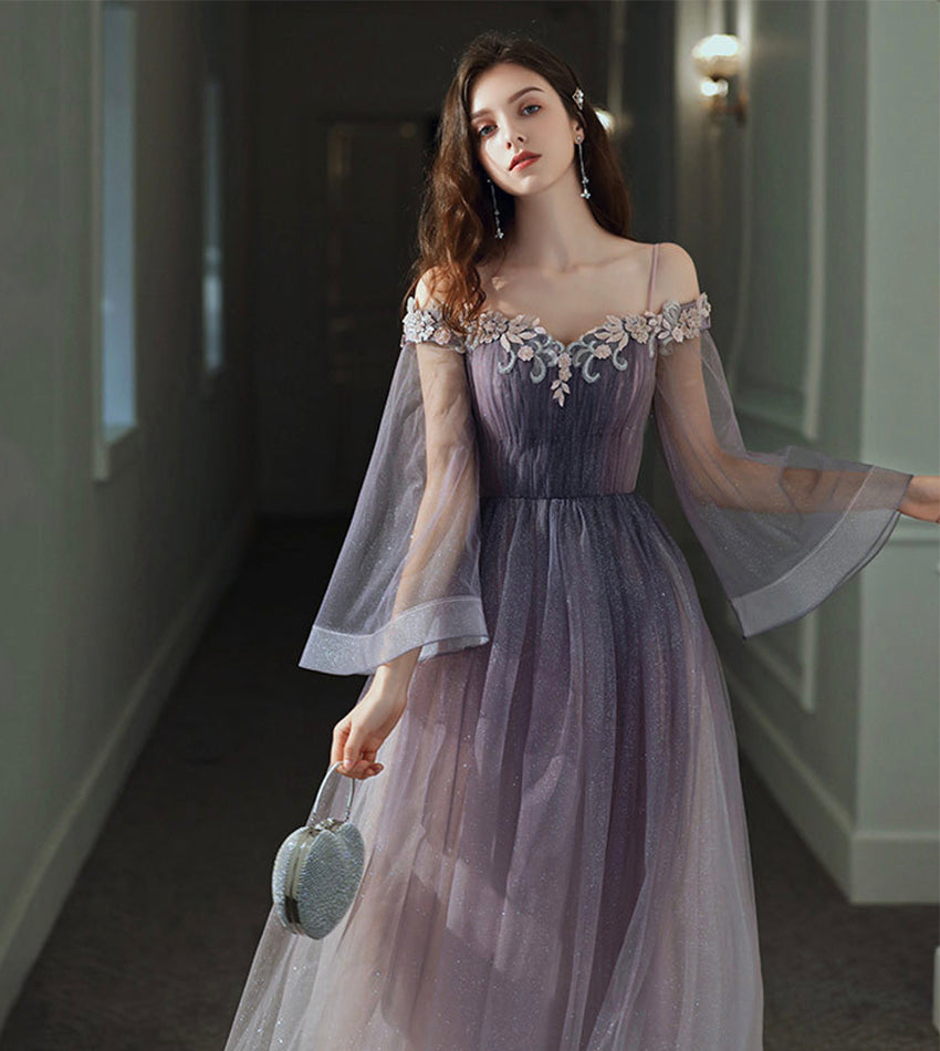 Purple tulle lace long prom dress purple evening dress  8538