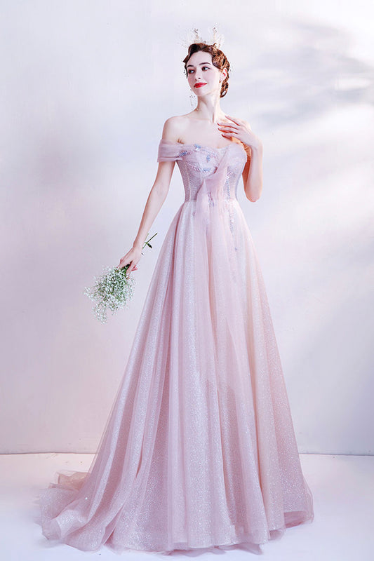 Pink tulle long A line prom dress pink evening dress  8768