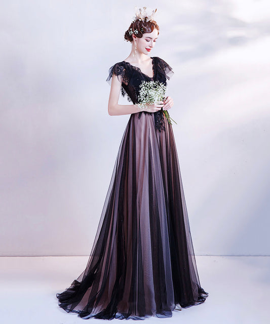 Black v neck tulle long prom dress evening dress  8512
