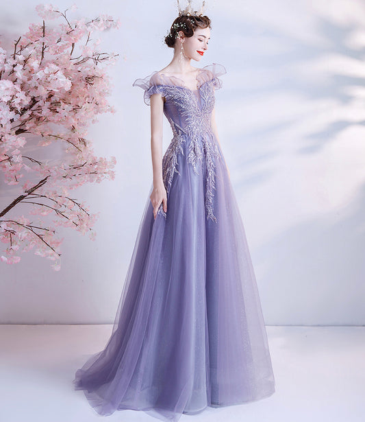 Purple tulle sequins long prom dress A line evening dress  10463