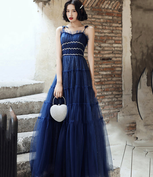Blue tulle long A line prom dress blue evening dress  8741