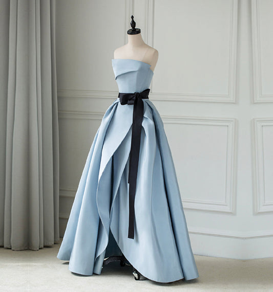 New blue high split prom dress long strapless backless  8642