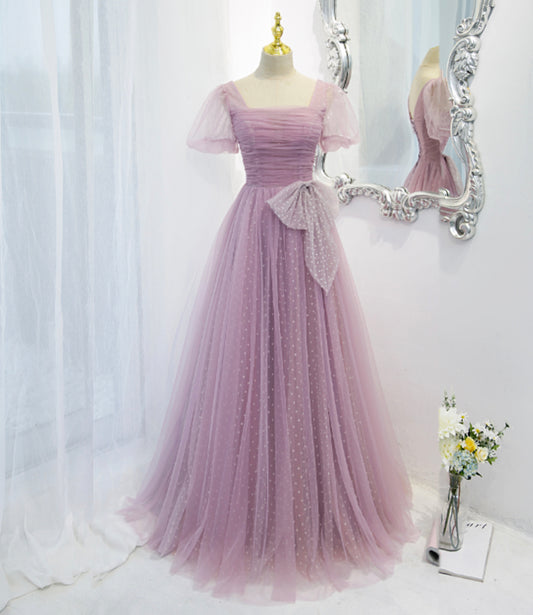 Purple tulle long A line prom dress evening dress  8820