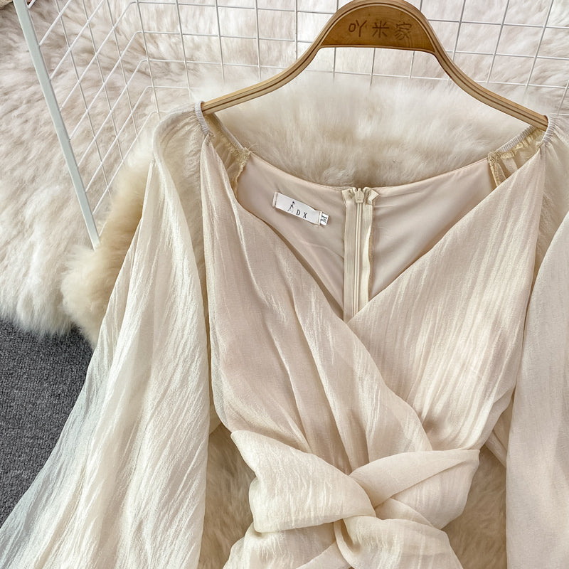 Champagne V Neck Long Sleeve Dress Fashion Dress  10894