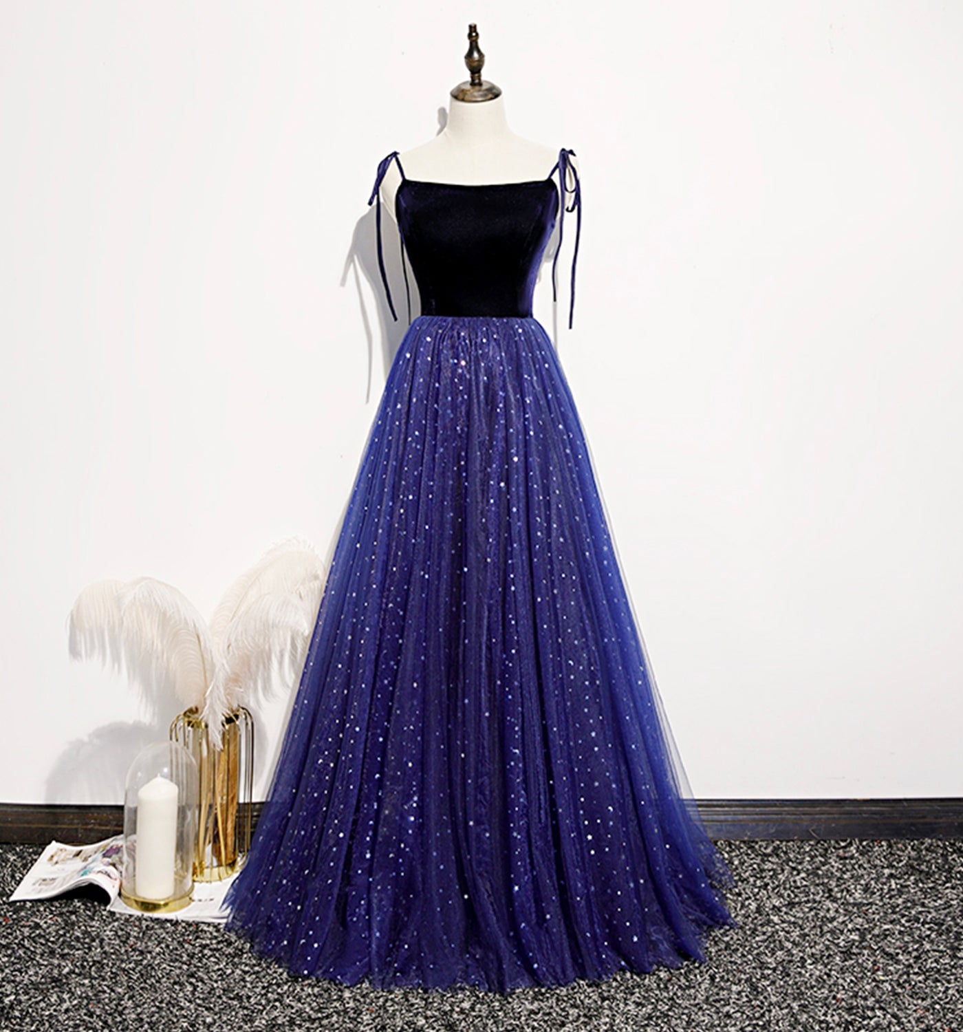 Blue velvet tulle long prom dress A line evening dress  8634