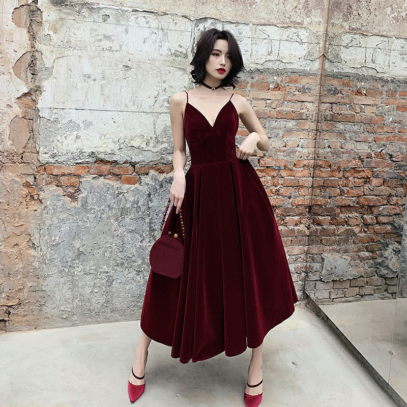 Simple burgundy velvet short prom dress  8184