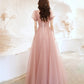 Cute tulle long prom dress pink A line evening dress  10524