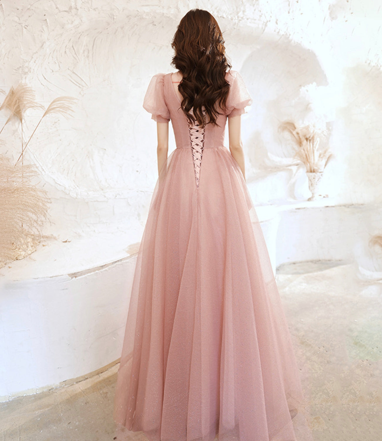 Cute tulle long prom dress pink A line evening dress  10524