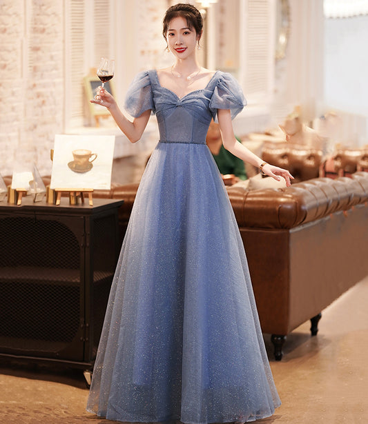 Blue tulle long A line prom dress evening dress  8966