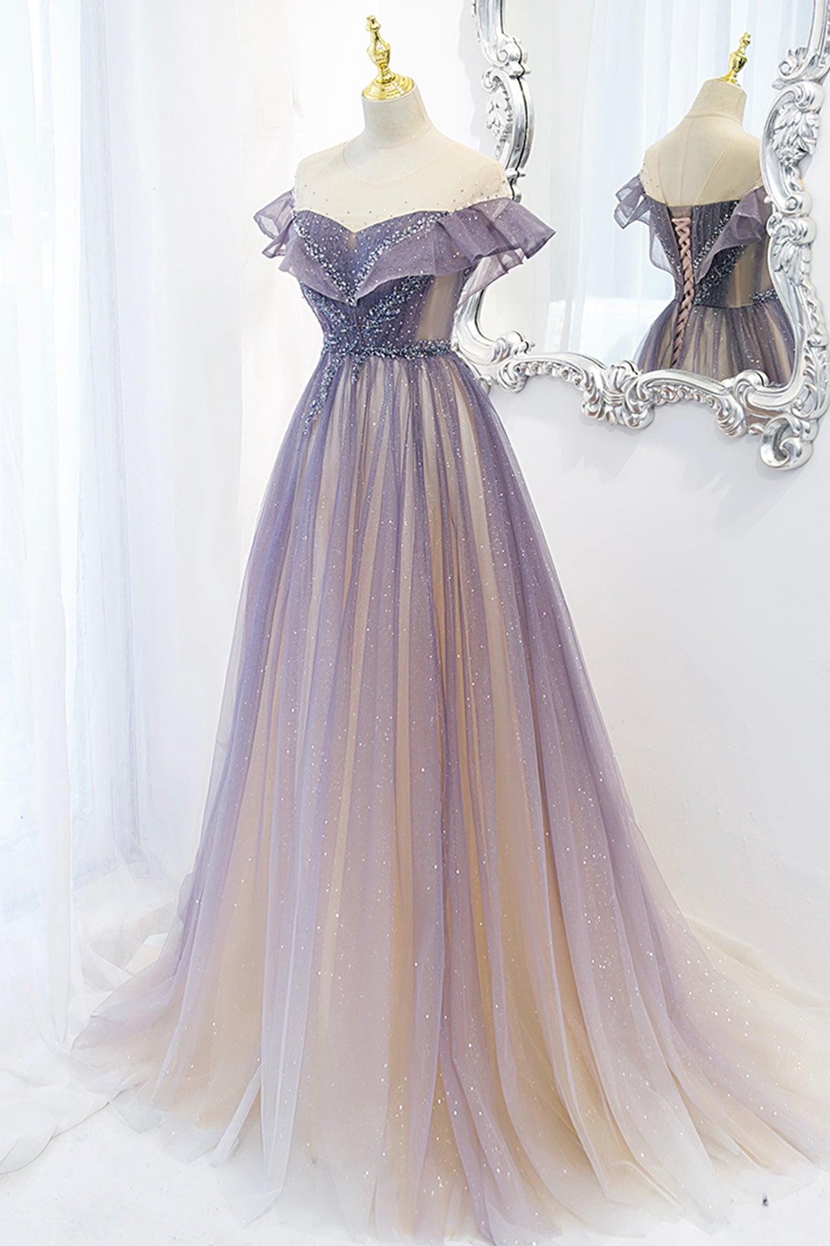 Purple tulle long A line prom dress evening dress  8733