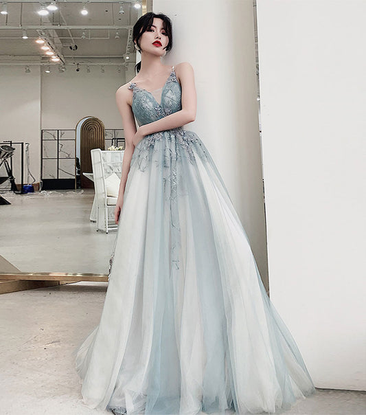 Stylish blue v neck tulle long prom dress, evening dress  8093