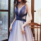 Stilvolles V-Ausschnitt Tüll langes A-Linie Ballkleid blaues Abendkleid 8725