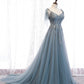 Blue tulle lace long prom dress blue evening dress  10356