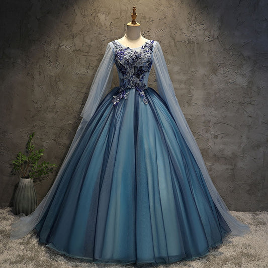 Blaues langes Ballkleid aus Tüllspitze blaues Abendkleid 10091