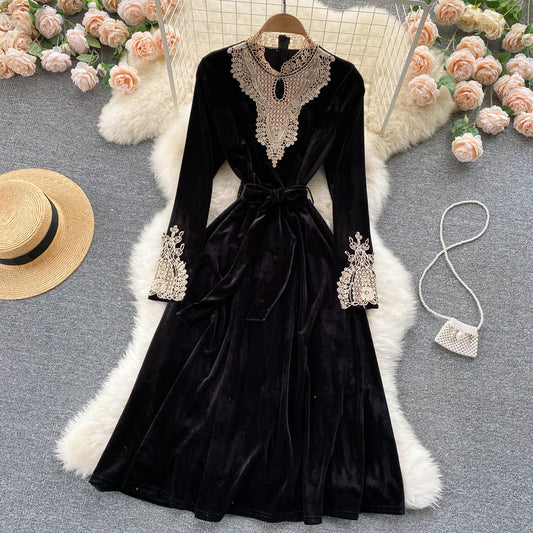 Black Velvet Lace Long Sleeve Dress Fashion Dress  10846