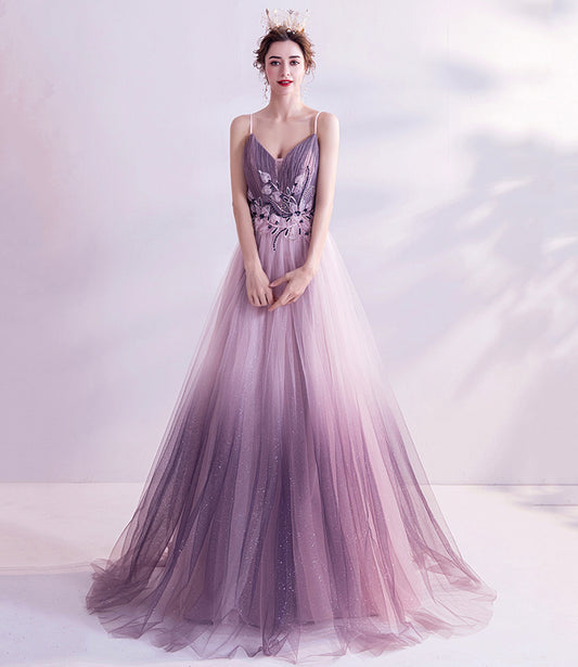 Purple tulle sequins long prom dress purple evening dress  10479