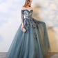 Blue lace long A line prom dress evening dress  8583