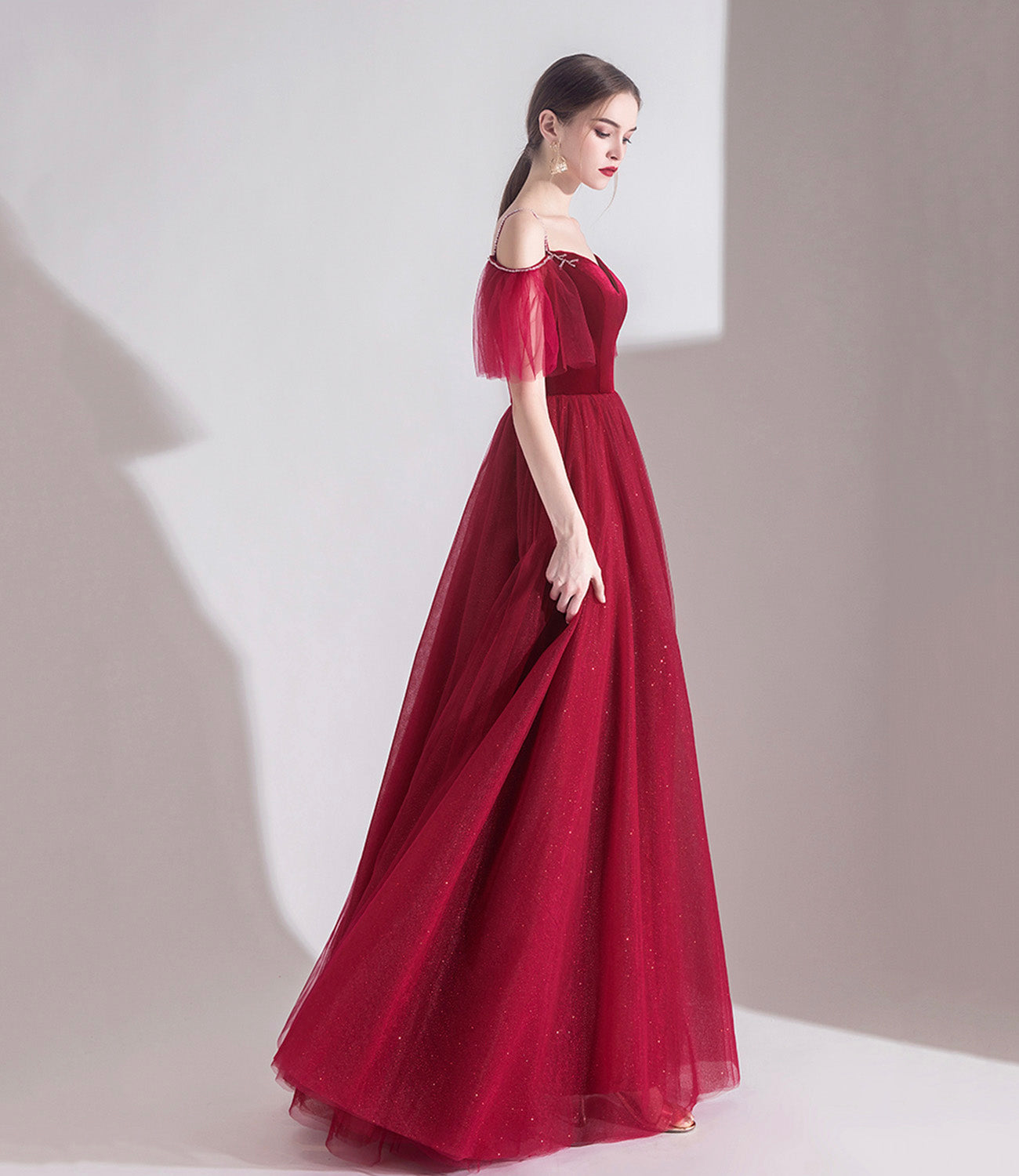 Bugundy velet tulle long prom dress A line evening dress  10553