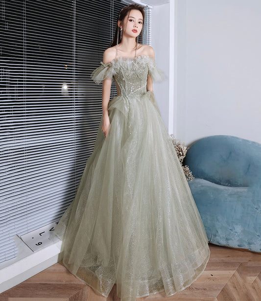Green tulle sequins long prom dress A line evening dress  10225