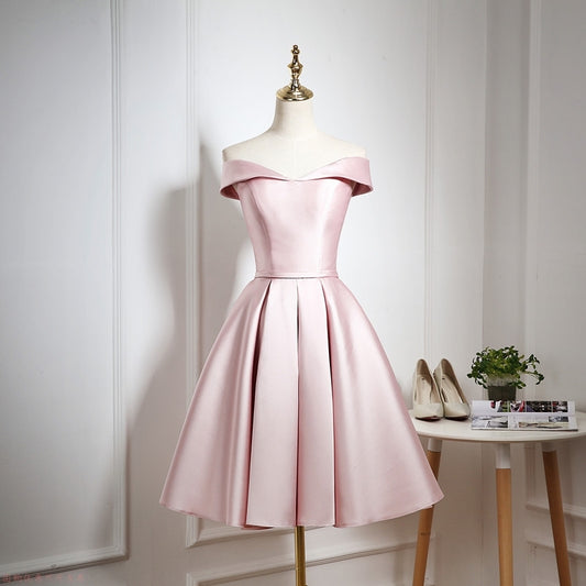 Einfaches kurzes Ballkleid aus Satin, rosa Abendkleid 8208