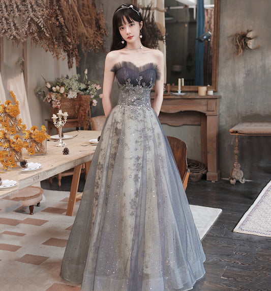 Cute tulle sequins long prom gown A line evening gown  10008