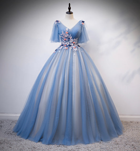 Blue v neck tulle long prom gown formal dress  8478