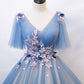 Blue v neck tulle lace long prom dress formal gown  8214