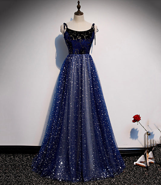 Blue velvet tulle long prom dress A line evening dress  10515