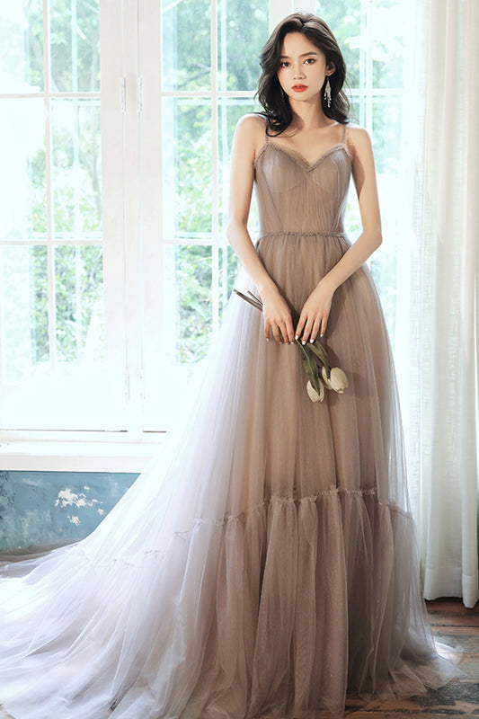 Stylish v neck tulle long A line prom dress evening dress  8719