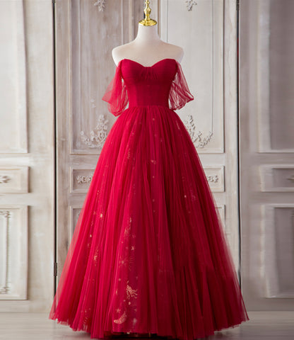 Red tulle long A line prom dress red evening dress 8800