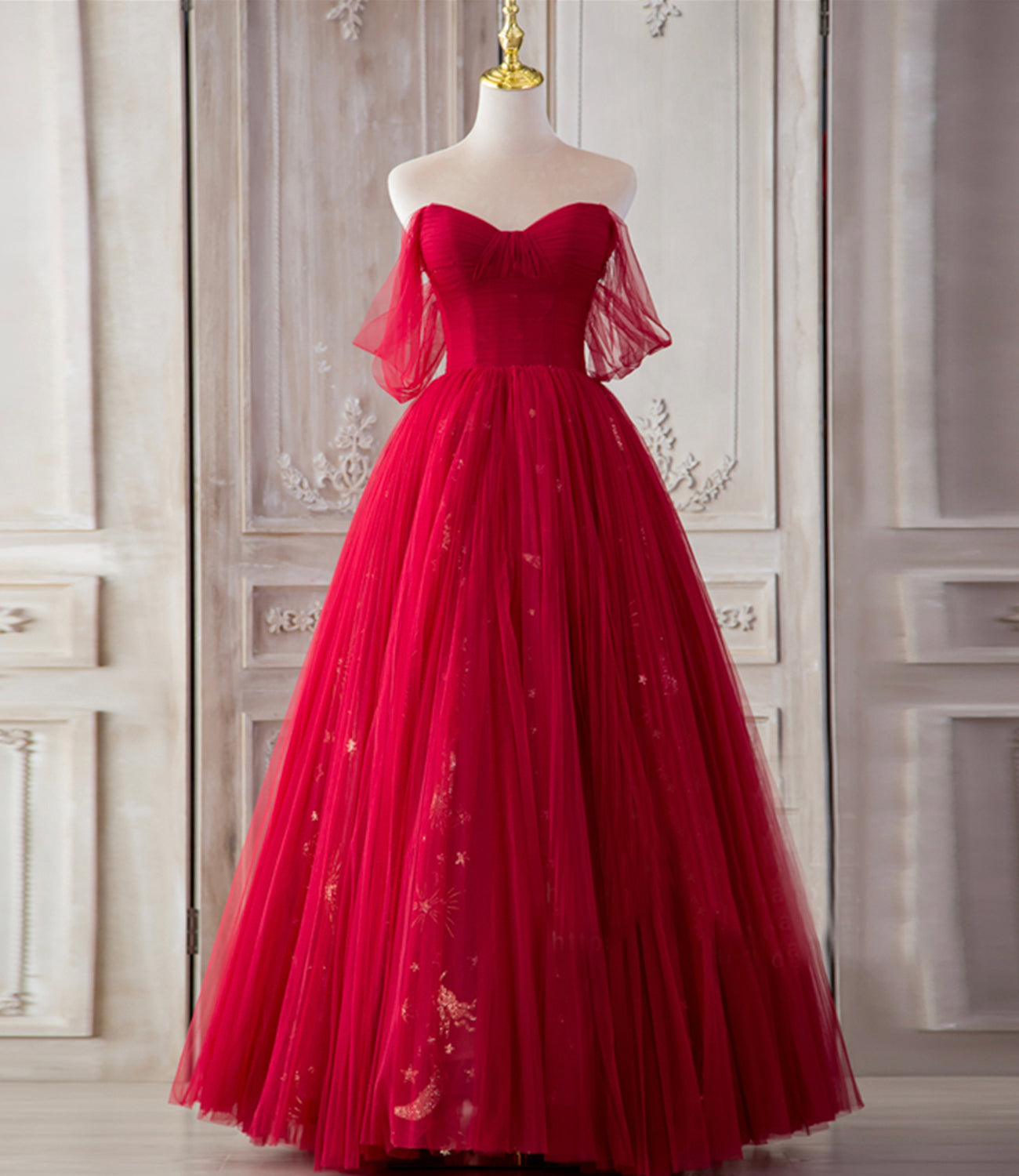 Red tulle long A line prom dress red evening dress 8800