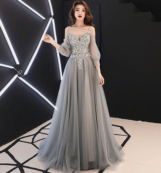 Gray tulle lace long A line prom dress evening dress  8477