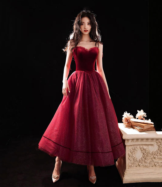 Burgundy tulle short A line prom dress party dress  8788